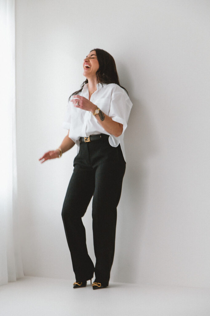 Client laughing during personal branding photoshoot in Hudson Valley, photographed by Julieanne Browning of Pine & Fable Photography.