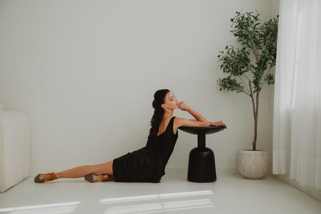 Professional model posing during a miari dancewear fashion photoshoot in Hudson Valley, photographed by Julieanne Browning of Pine & Fable Photography.