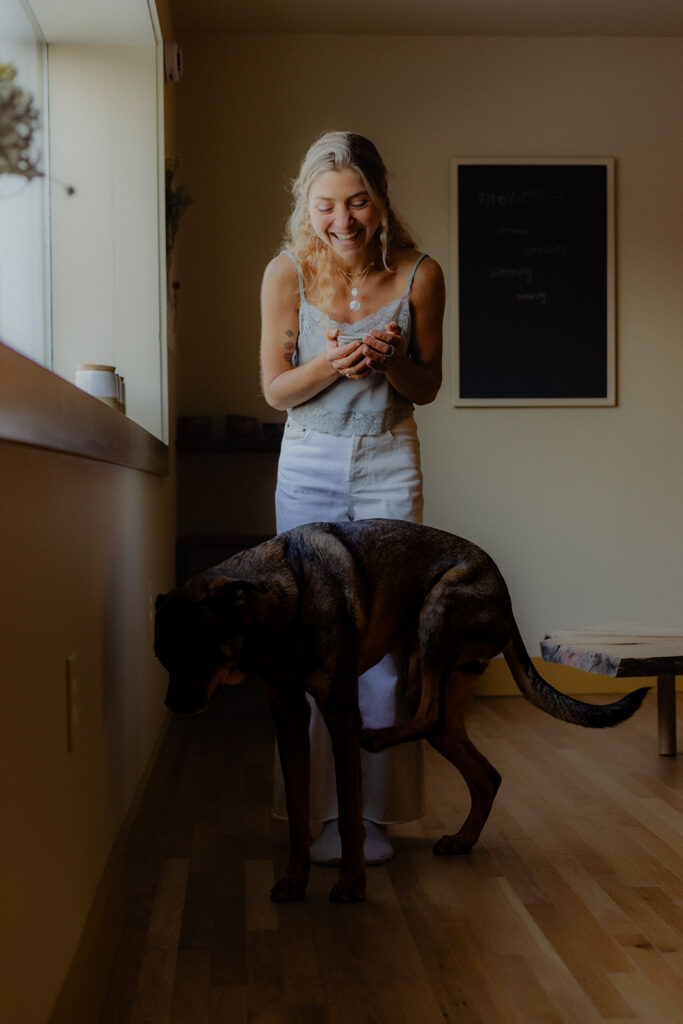 Rachel laughing during a personal branding portrait session with Pine and Fable Photography in High Falls, New York.